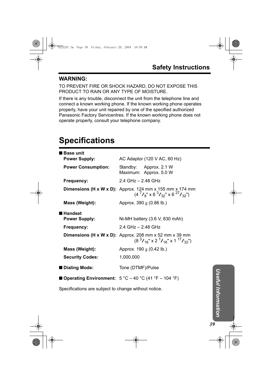 Specifications, Safety instructions, Useful information 39 warning | Panasonic kX-TG2323C User Manual | Page 39 / 40
