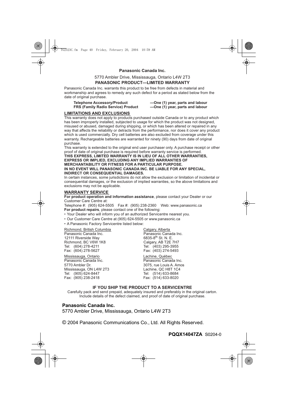 Panasonic kX-TG2323C User Manual | Page 40 / 40