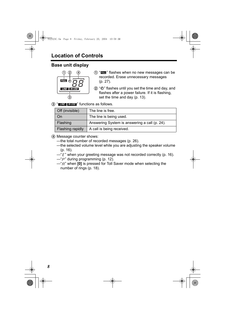 Display (p. 8), Location of controls, 8base unit display | Panasonic kX-TG2323C User Manual | Page 8 / 40