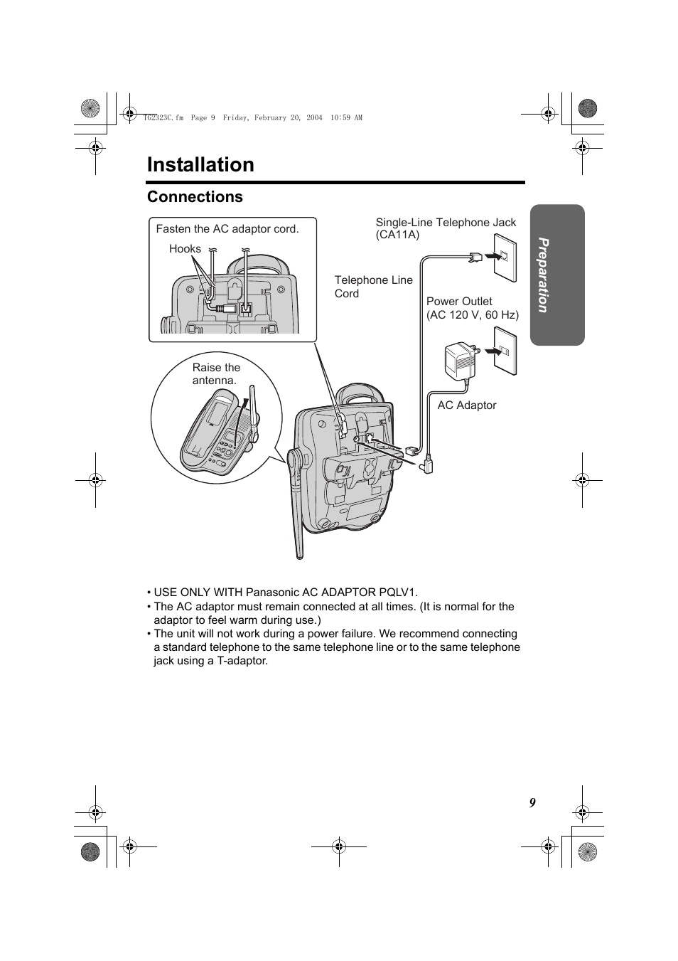 Installation, Connections, Use only with panasonic ac adaptor pqlv1 | Panasonic kX-TG2323C User Manual | Page 9 / 40
