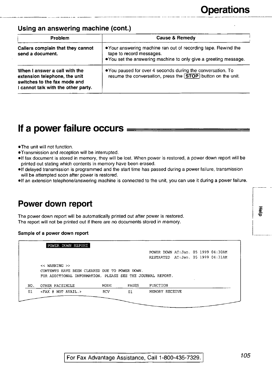 Using an answering machine (cont.), If a power failure occurs, Power down report | Operations | Panasonic 2-LINE PLAIN PAPER FAX KX-FPW111 User Manual | Page 105 / 132