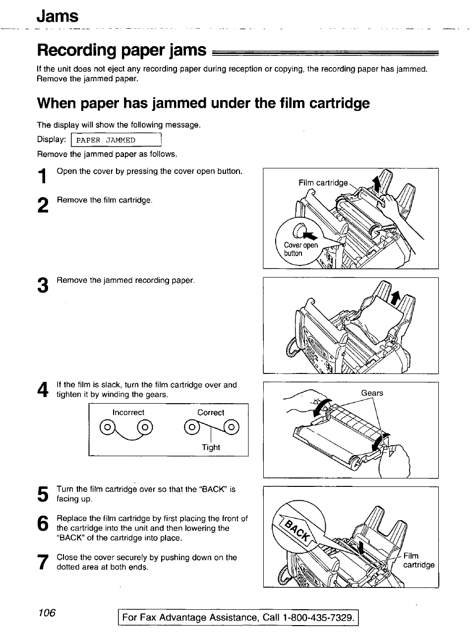 Recording paper jams, When paper has jammed under the film cartridge, Recording paper jams jams | Panasonic 2-LINE PLAIN PAPER FAX KX-FPW111 User Manual | Page 106 / 132