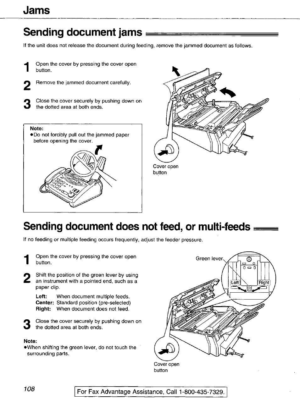 Sending document jams, Sending document does not feed, or multi-feeds, Note | Sending document jams jams | Panasonic 2-LINE PLAIN PAPER FAX KX-FPW111 User Manual | Page 108 / 132