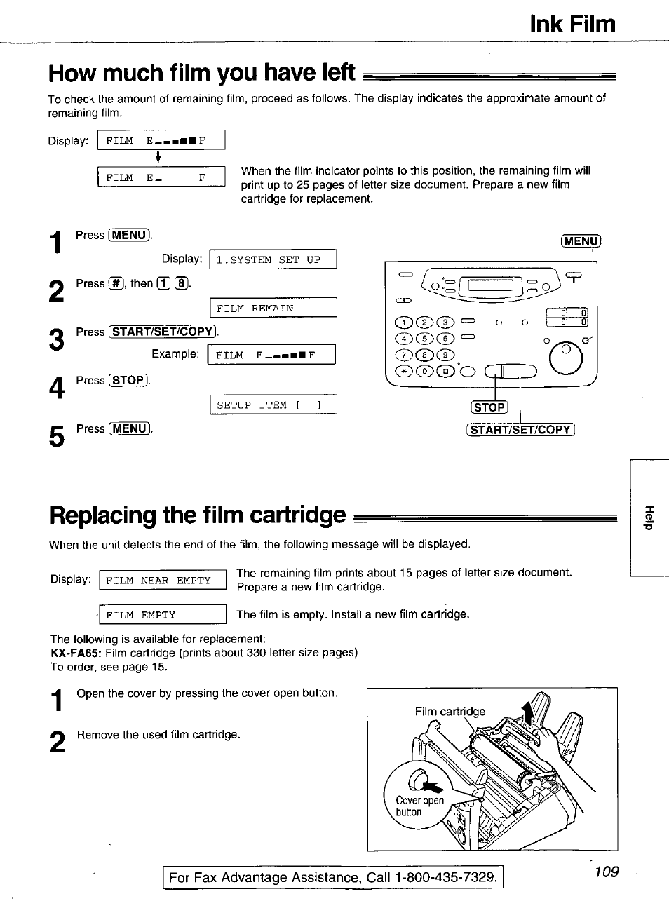 Ink film, How much film you have left, Menu | Start/set/copy, Replacing the film cartridge, Ink film how much film you have left, Ocdcd cd cd | Panasonic 2-LINE PLAIN PAPER FAX KX-FPW111 User Manual | Page 109 / 132