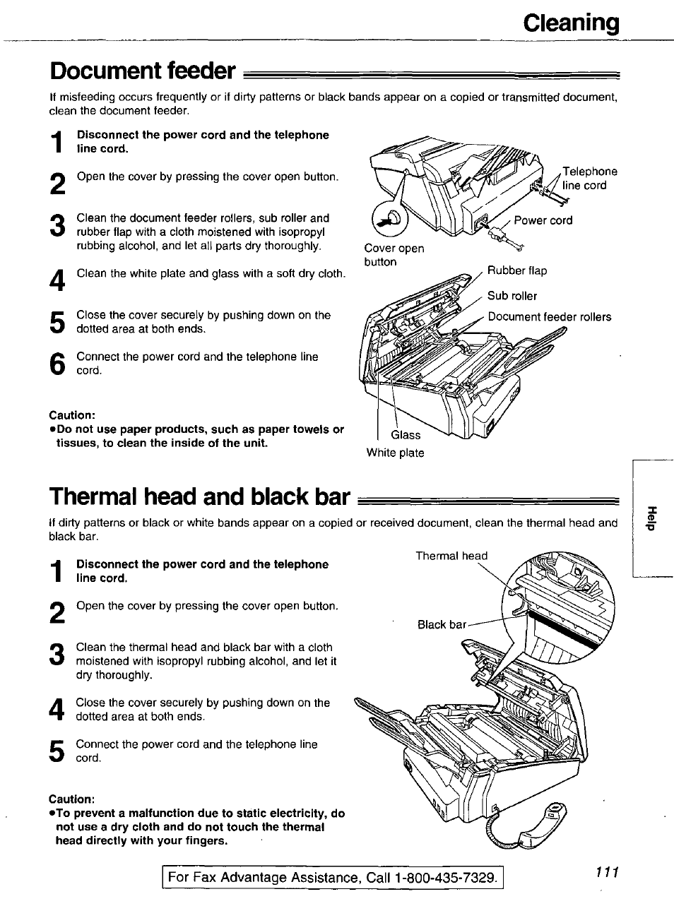 Document feeder, Caution, Thermal head and black bar | Cleaning document feeder | Panasonic 2-LINE PLAIN PAPER FAX KX-FPW111 User Manual | Page 111 / 132