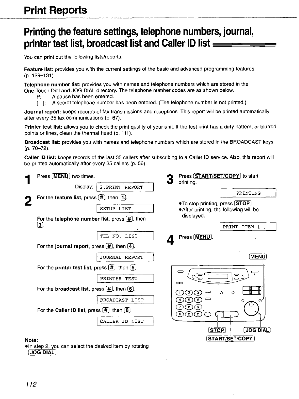 Print reports, Note, Jog dial | Panasonic 2-LINE PLAIN PAPER FAX KX-FPW111 User Manual | Page 112 / 132