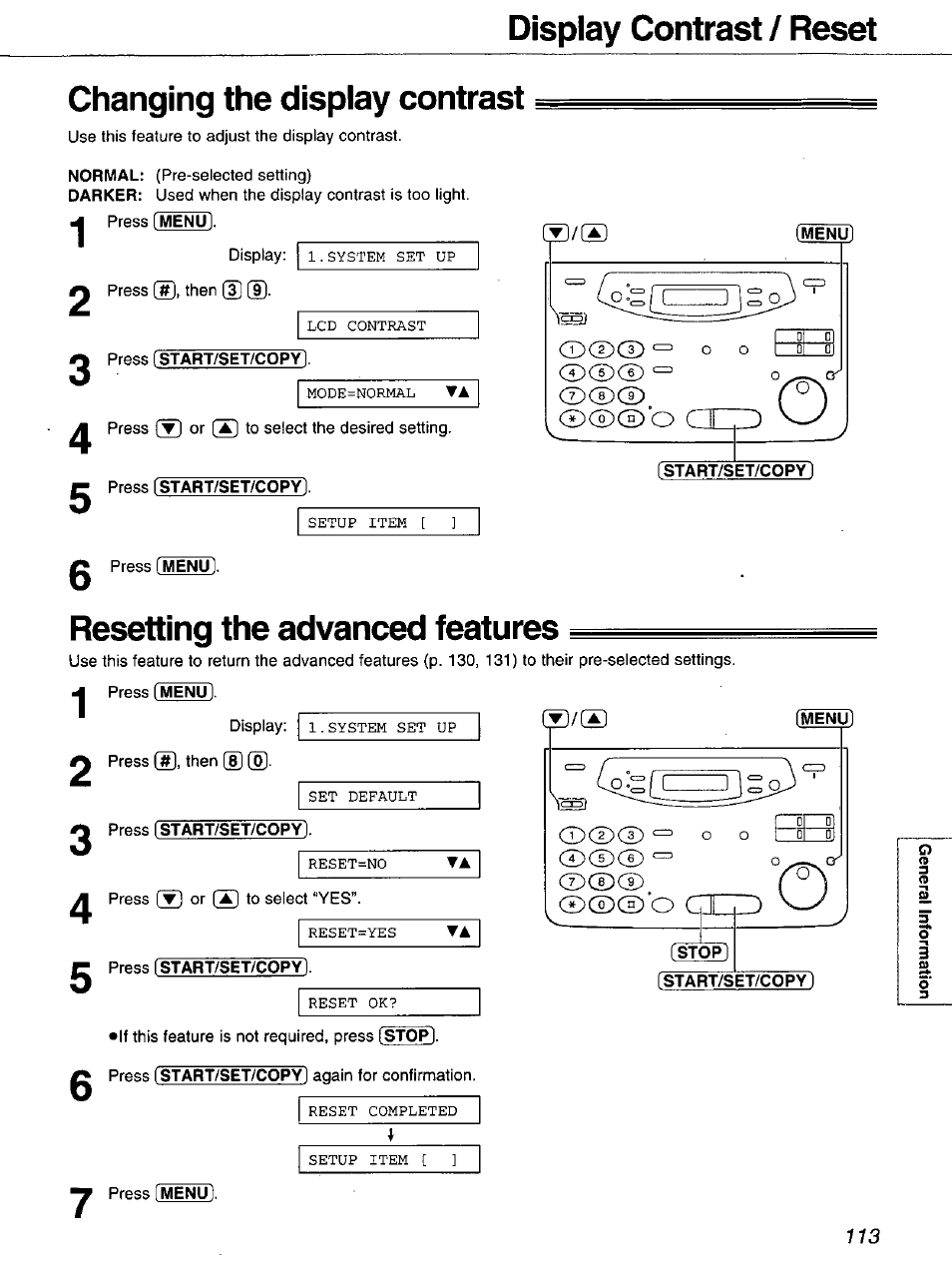 Changing the display contrast, Menu, Start/set/copy | Resetting the advanced features | Panasonic 2-LINE PLAIN PAPER FAX KX-FPW111 User Manual | Page 113 / 132