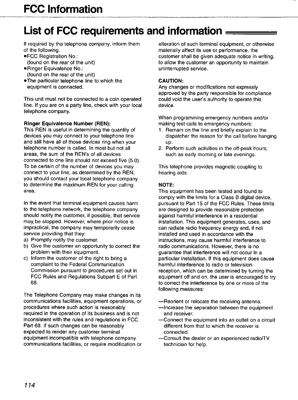 Fcc information, List of fcc requirements and information, Ringer equivalence number (ren) | Caution, Note | Panasonic 2-LINE PLAIN PAPER FAX KX-FPW111 User Manual | Page 114 / 132