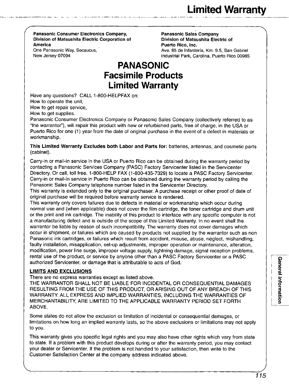 Limited warranty, Panasonic facsimile products limited warranty, Limits and exclusions | Panasonic 2-LINE PLAIN PAPER FAX KX-FPW111 User Manual | Page 115 / 132