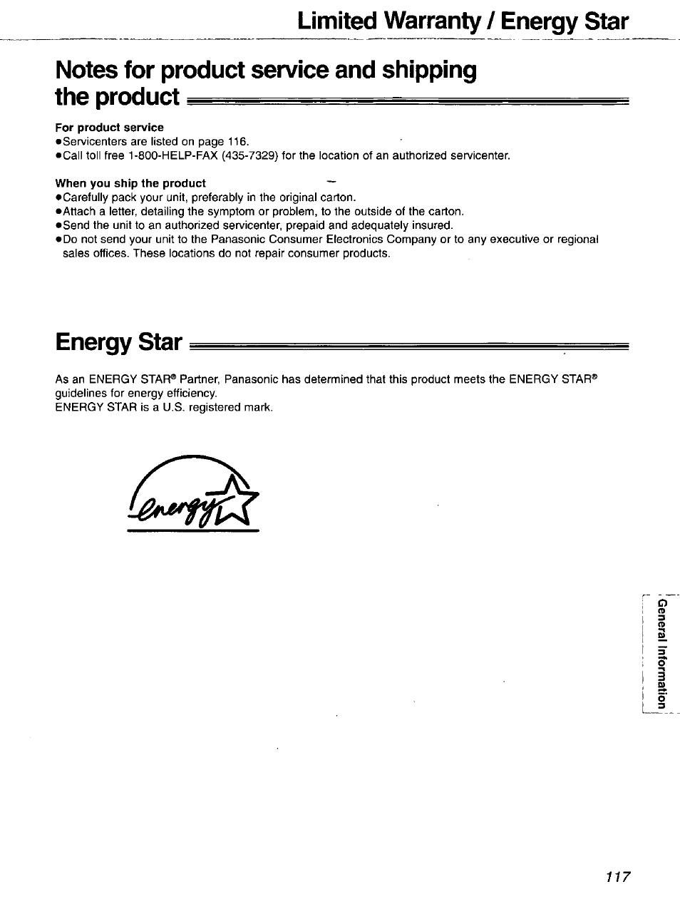 Limited warranty / energy star, Notes for product service and shipping the product, For product service | When you ship the product, Energy star | Panasonic 2-LINE PLAIN PAPER FAX KX-FPW111 User Manual | Page 117 / 132