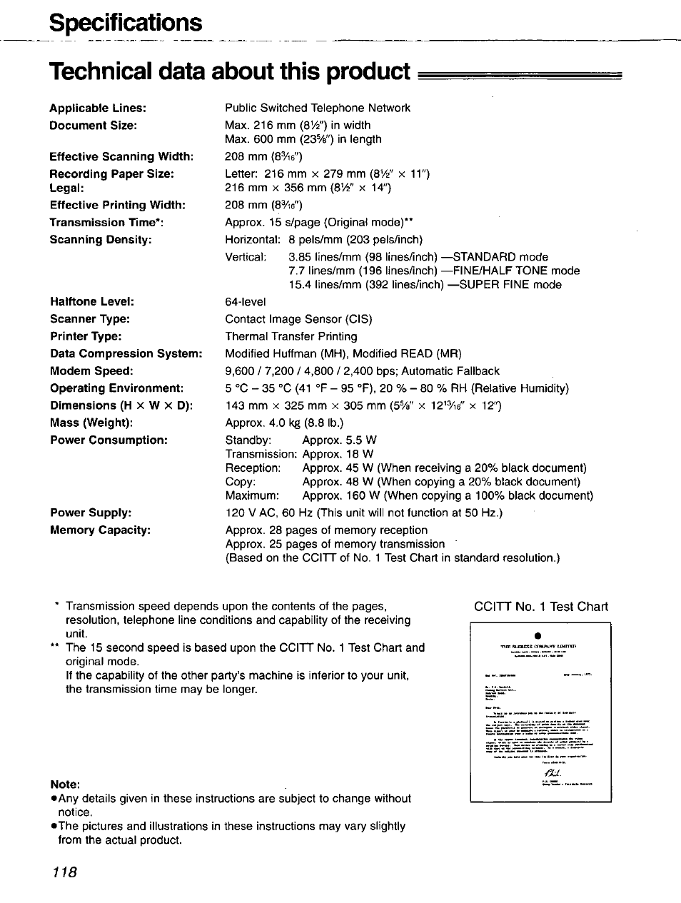 Specifications, Technical data about this product, Note | Specifications technical data about this product | Panasonic 2-LINE PLAIN PAPER FAX KX-FPW111 User Manual | Page 118 / 132