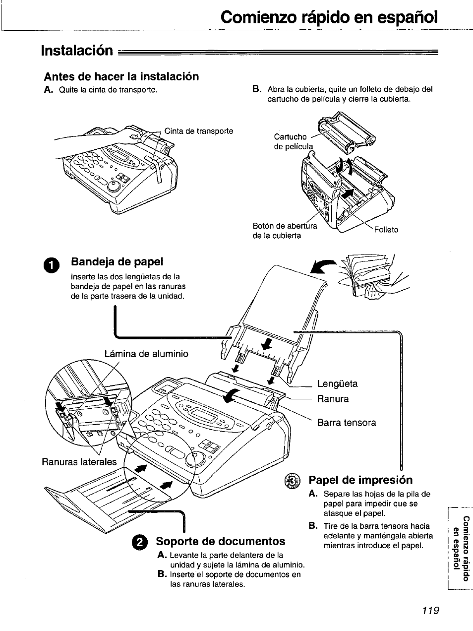 Instalación, Antes de hacer la instalación, Bandeja de papel | Papel de impresión, Comienzo rápido en español | Panasonic 2-LINE PLAIN PAPER FAX KX-FPW111 User Manual | Page 119 / 132