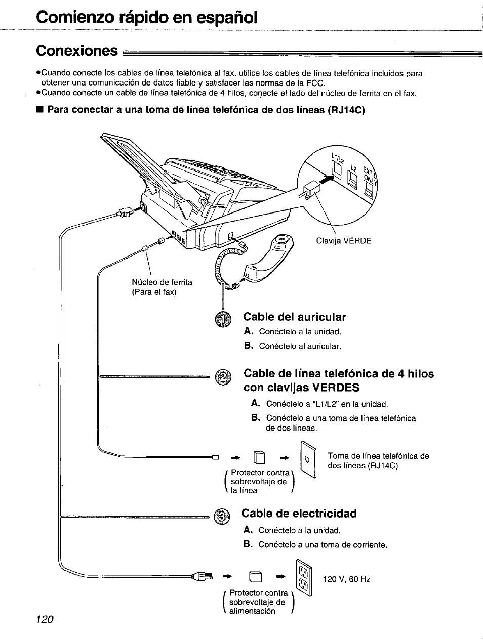 Conexiones, Cable del auricular, Cable de electricidad | Comienzo rápido en español | Panasonic 2-LINE PLAIN PAPER FAX KX-FPW111 User Manual | Page 120 / 132