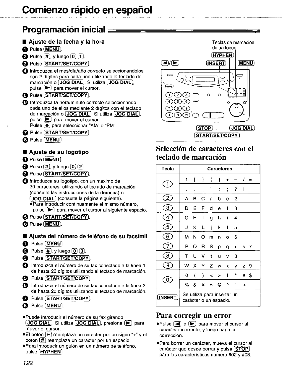 Comienzo rápido en español, Programación inicial, Para corregir un error | Panasonic 2-LINE PLAIN PAPER FAX KX-FPW111 User Manual | Page 122 / 132