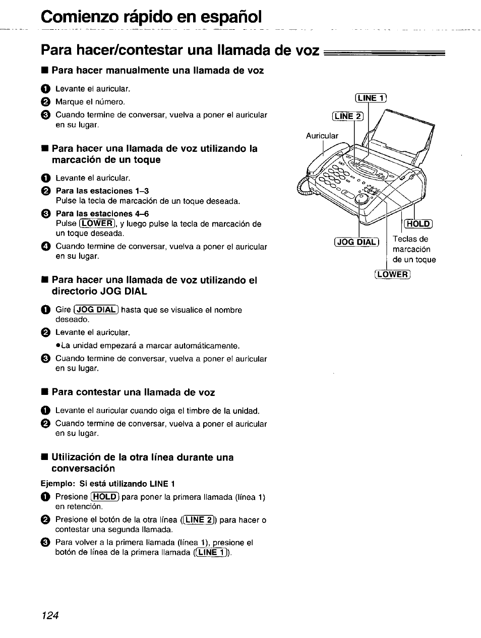 Para hacer/contestar una llamada de voz, Comienzo rápido en españoi | Panasonic 2-LINE PLAIN PAPER FAX KX-FPW111 User Manual | Page 124 / 132