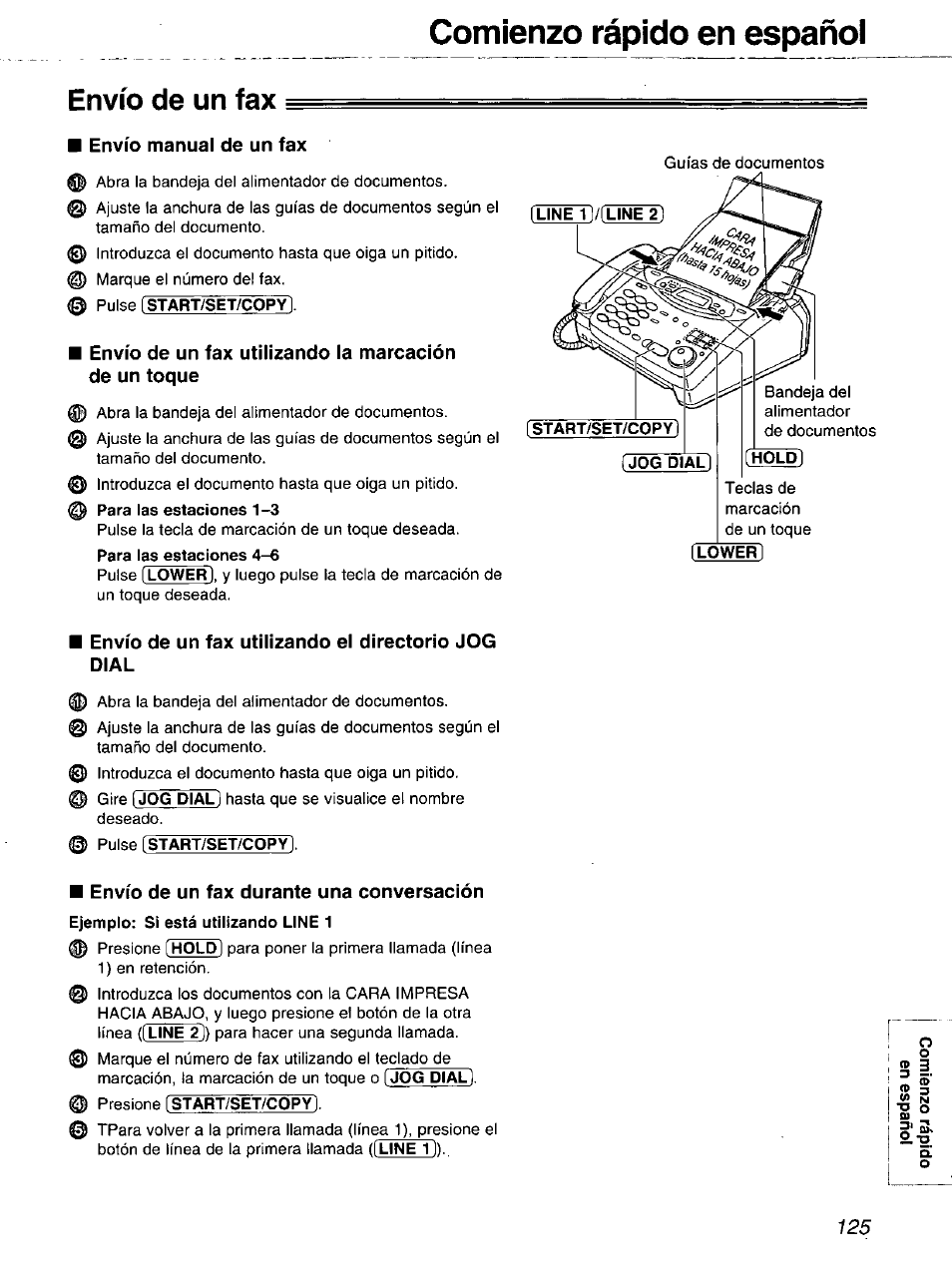 Envío de un fax, Comienzo rápido en español | Panasonic 2-LINE PLAIN PAPER FAX KX-FPW111 User Manual | Page 125 / 132