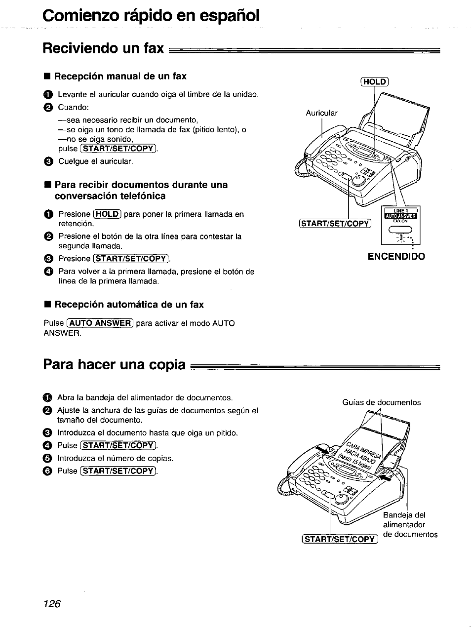 Comienzo rápido en español, Reciviendo un fax, Para hacer una copia | Panasonic 2-LINE PLAIN PAPER FAX KX-FPW111 User Manual | Page 126 / 132