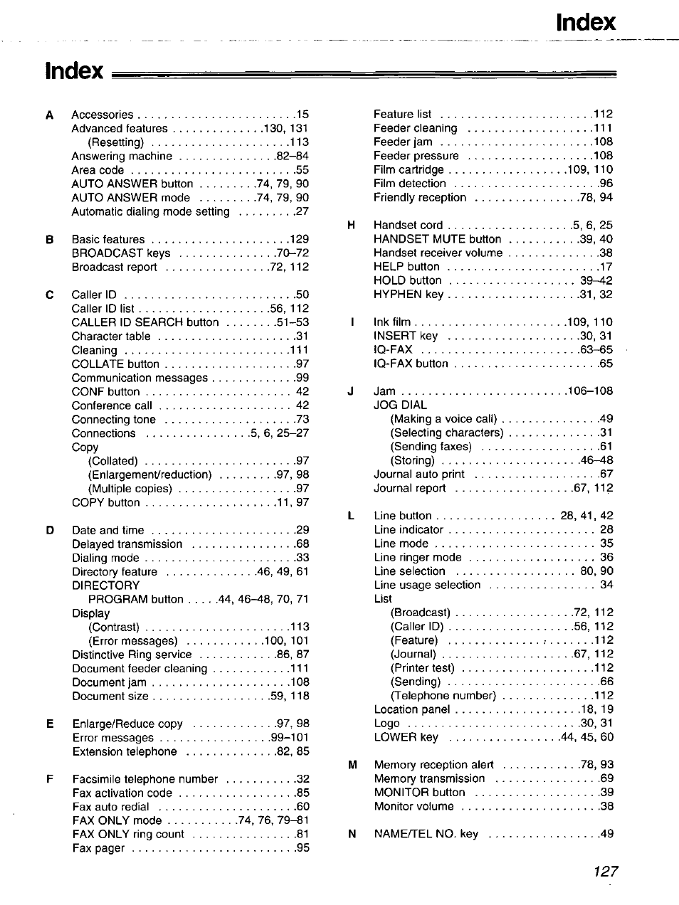 Index | Panasonic 2-LINE PLAIN PAPER FAX KX-FPW111 User Manual | Page 127 / 132