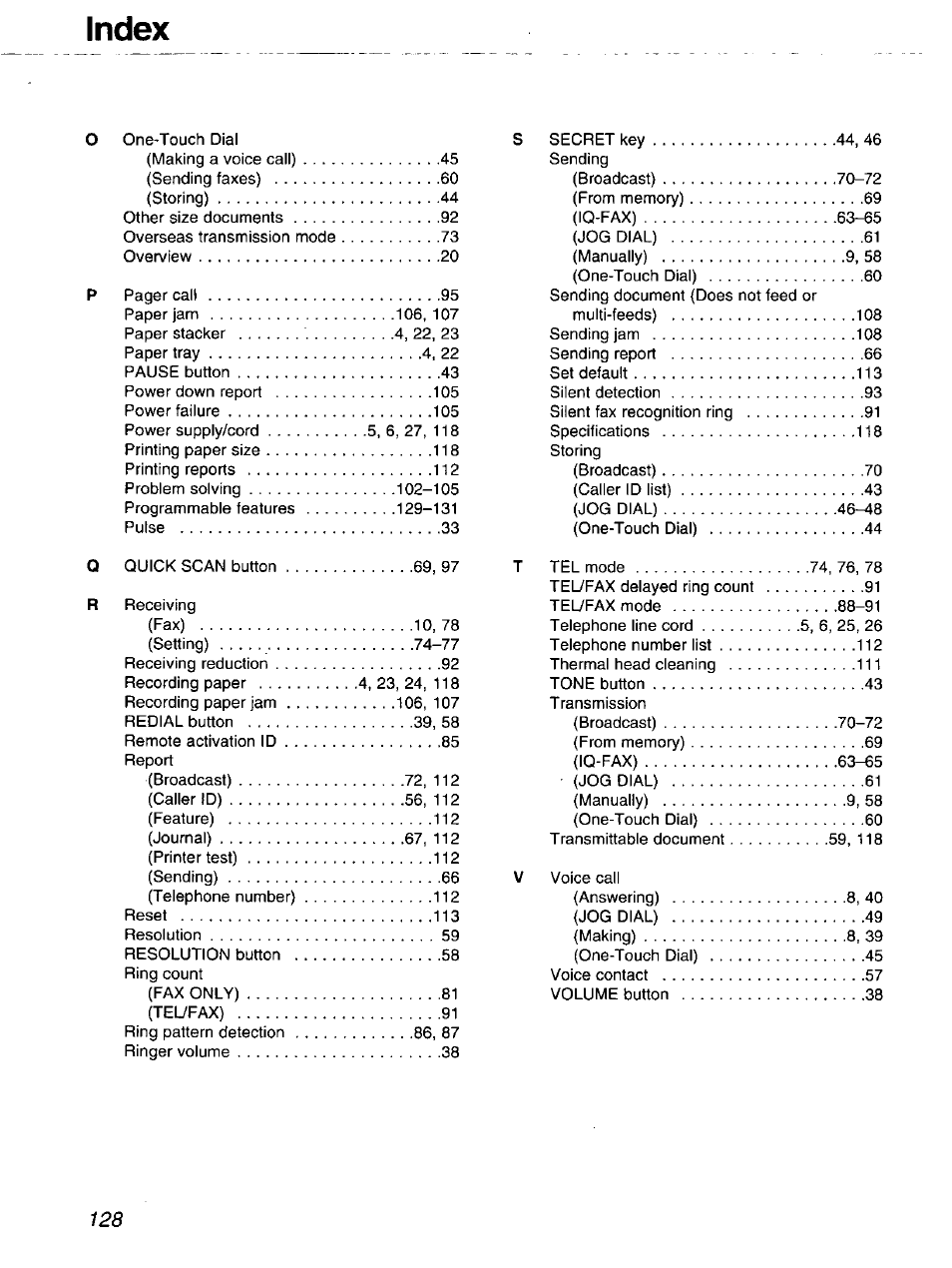 Index | Panasonic 2-LINE PLAIN PAPER FAX KX-FPW111 User Manual | Page 128 / 132