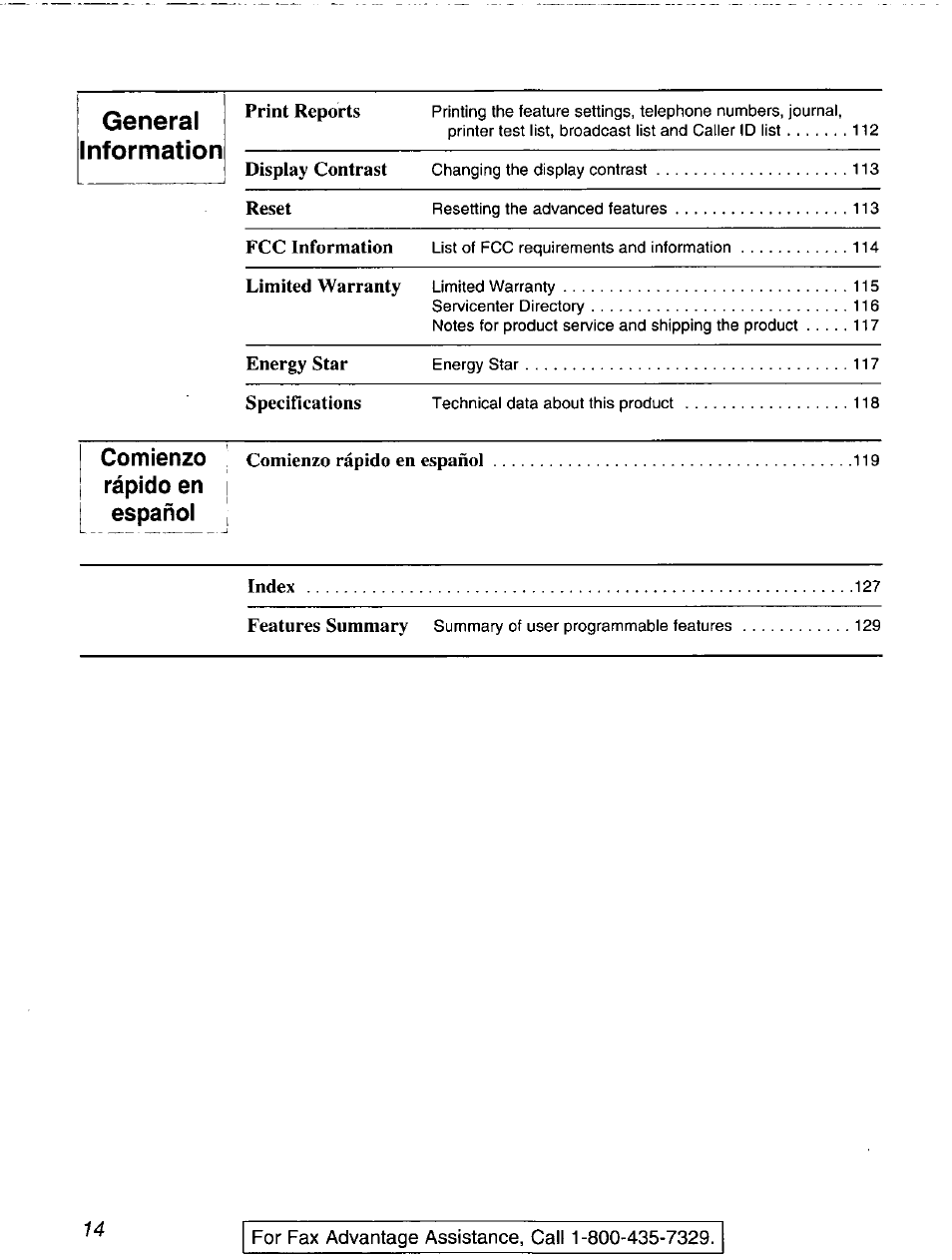 Print reports, Display contrast, Reset | Fcc information, Limited warranty, Energy star, Specifications, Comienzo rápido en español, Index, Features summary | Panasonic 2-LINE PLAIN PAPER FAX KX-FPW111 User Manual | Page 14 / 132