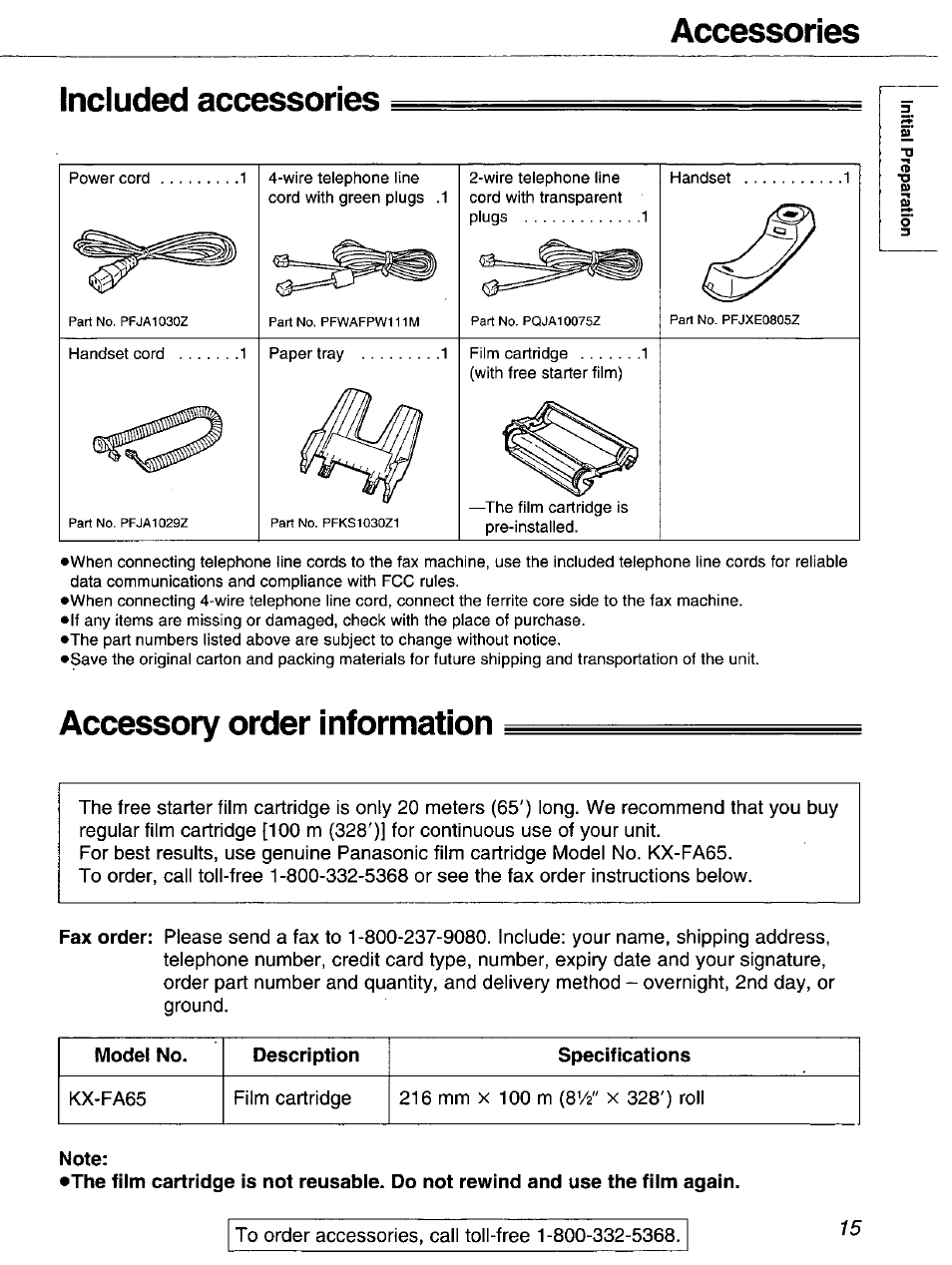 Included accessories, Accessory order information, Accessories included accessories | Panasonic 2-LINE PLAIN PAPER FAX KX-FPW111 User Manual | Page 15 / 132