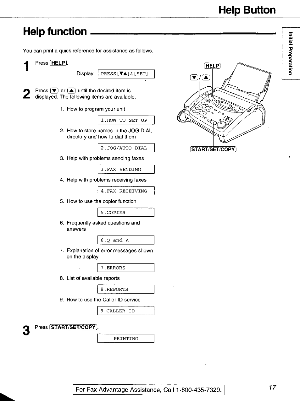 Help function, Help button help function | Panasonic 2-LINE PLAIN PAPER FAX KX-FPW111 User Manual | Page 17 / 132