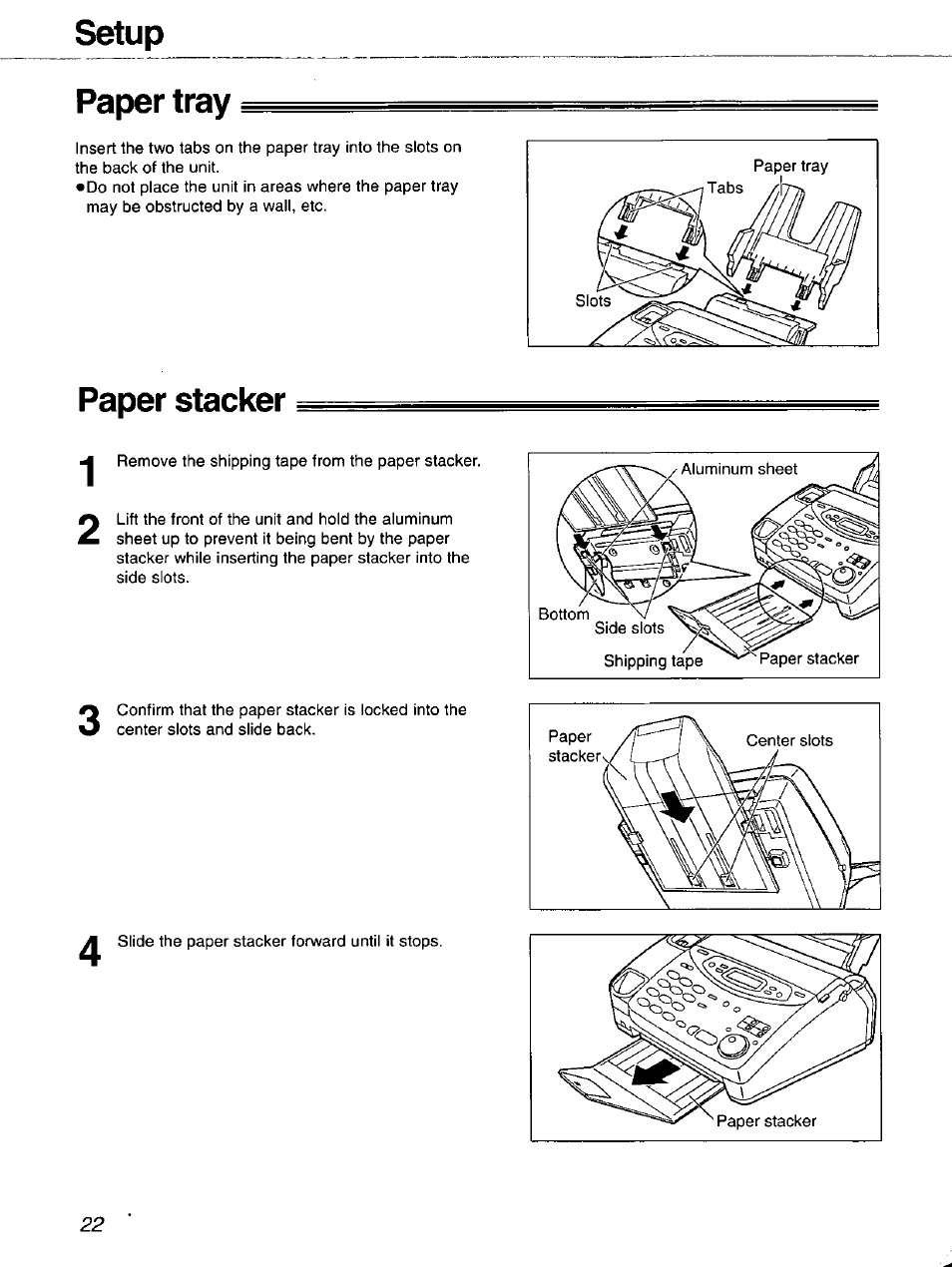 Paper tray, Paper stacker, Paper tray paper stacker | Setup paper tray | Panasonic 2-LINE PLAIN PAPER FAX KX-FPW111 User Manual | Page 22 / 132