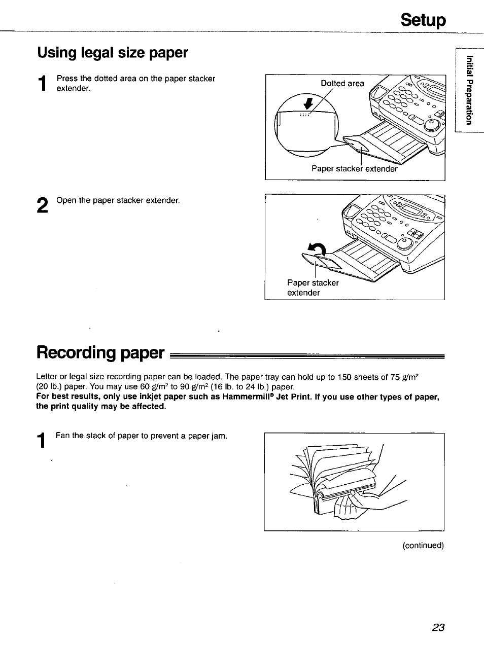 Using legal size paper, Recording paper, Setup | Panasonic 2-LINE PLAIN PAPER FAX KX-FPW111 User Manual | Page 23 / 132