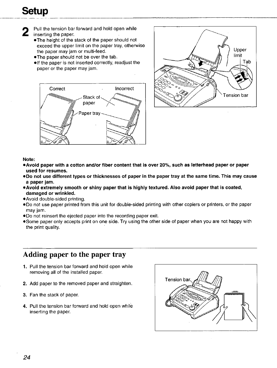 Note, Adding paper to the paper tray, Setup | Panasonic 2-LINE PLAIN PAPER FAX KX-FPW111 User Manual | Page 24 / 132