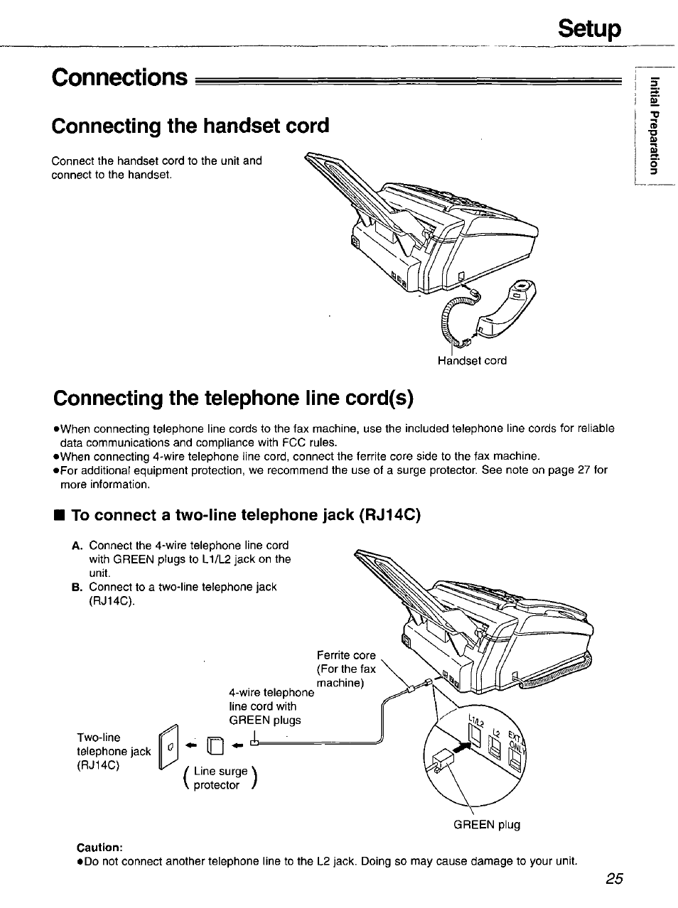 Connections, Connecting the handset cord, Connecting the telephone line cord(s) | To connect a two-line telephone jack (rj14c), Setup connections | Panasonic 2-LINE PLAIN PAPER FAX KX-FPW111 User Manual | Page 25 / 132