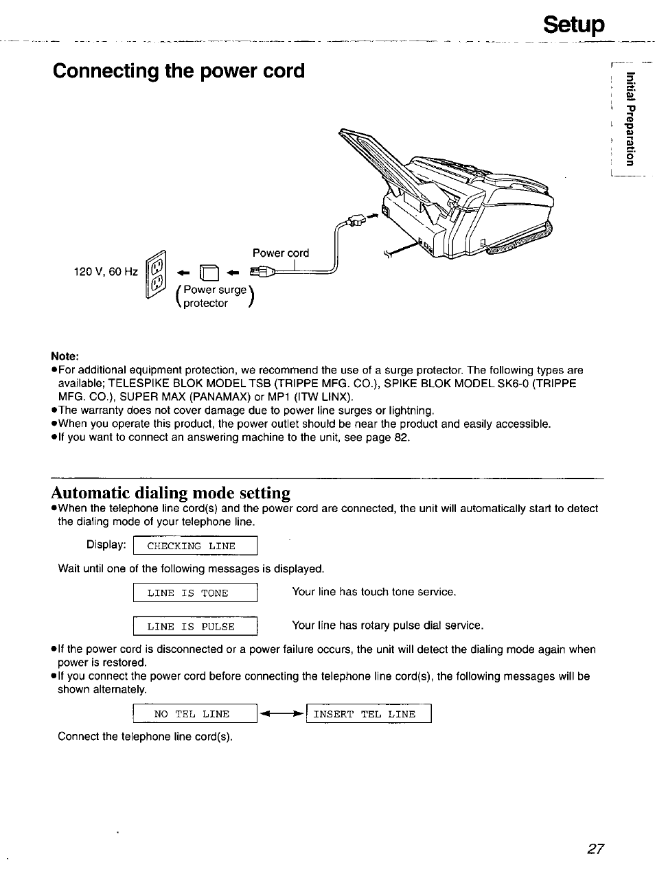 Connecting the power cord, Note, Automatic dialing mode setting | Setup | Panasonic 2-LINE PLAIN PAPER FAX KX-FPW111 User Manual | Page 27 / 132