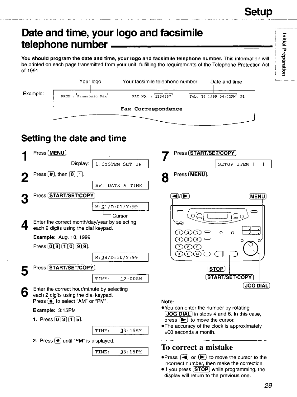 Setting the date and time, Press [start/set/copy, Note | To correct a mistake | Panasonic 2-LINE PLAIN PAPER FAX KX-FPW111 User Manual | Page 29 / 132