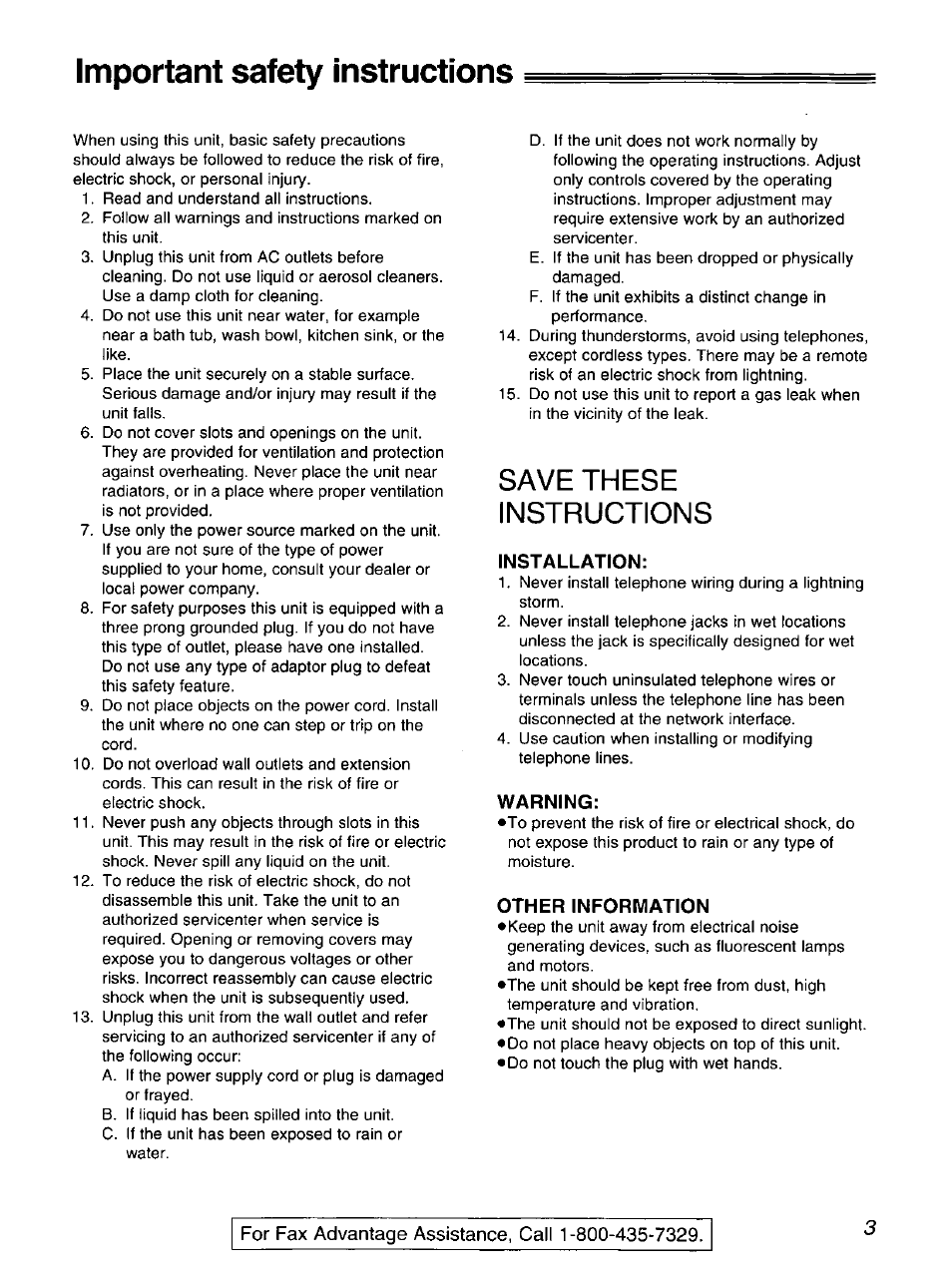 Important safety instructions, Save these instructions | Panasonic 2-LINE PLAIN PAPER FAX KX-FPW111 User Manual | Page 3 / 132