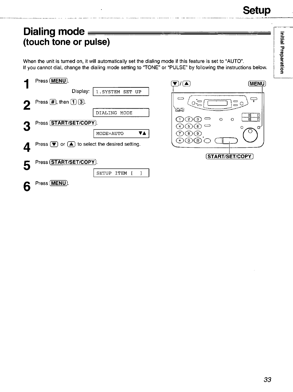 Dialing mode, Touch tone or pulse), Setup dialing mode | Panasonic 2-LINE PLAIN PAPER FAX KX-FPW111 User Manual | Page 33 / 132