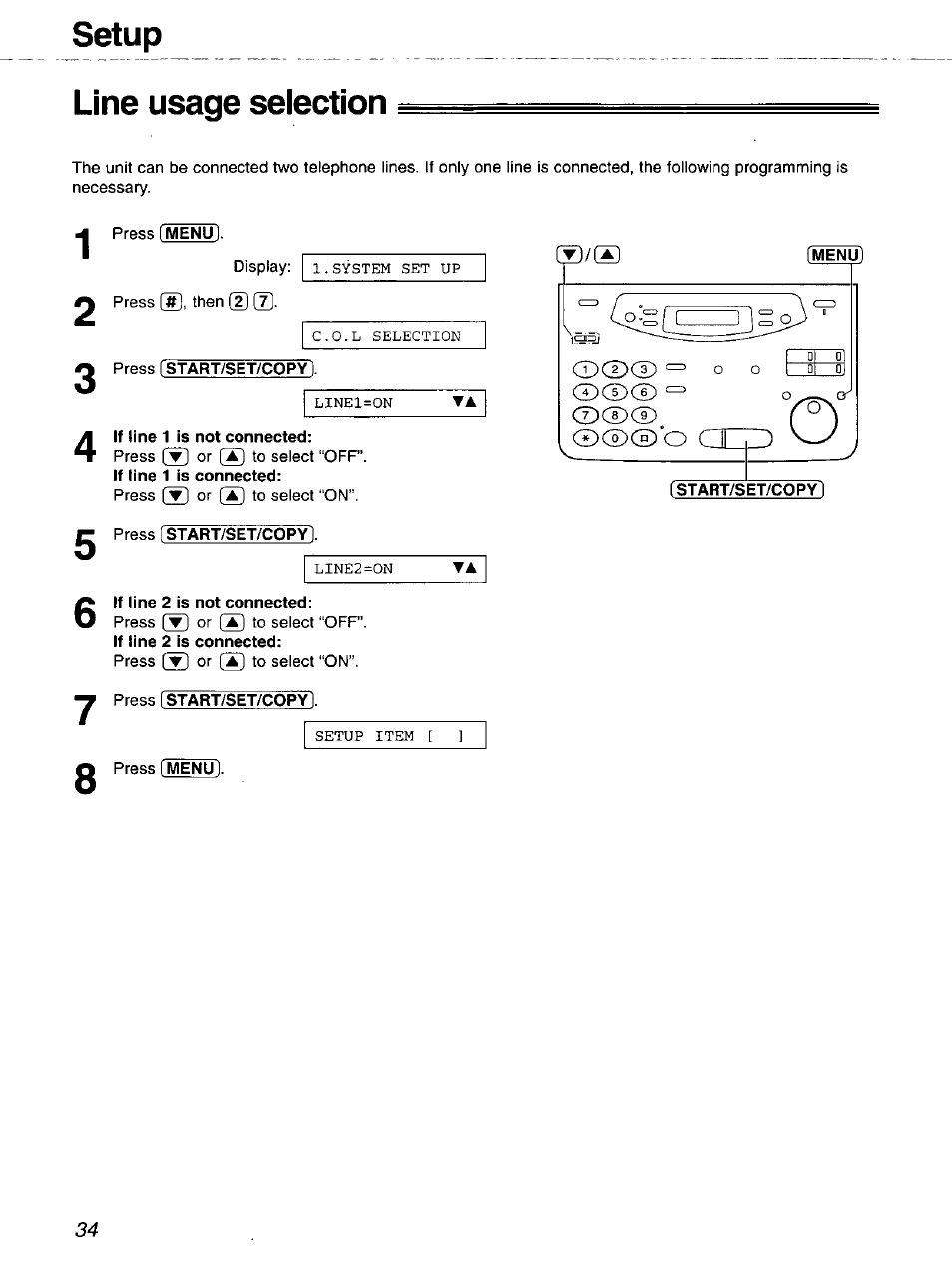 Line usage selection, 2 [start/set/copyj, Start/set/copy | Line usage selection setup | Panasonic 2-LINE PLAIN PAPER FAX KX-FPW111 User Manual | Page 34 / 132