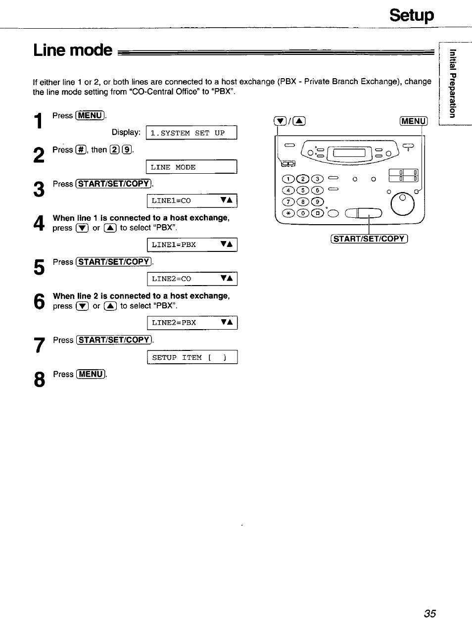 Line mode, Setup line mode | Panasonic 2-LINE PLAIN PAPER FAX KX-FPW111 User Manual | Page 35 / 132