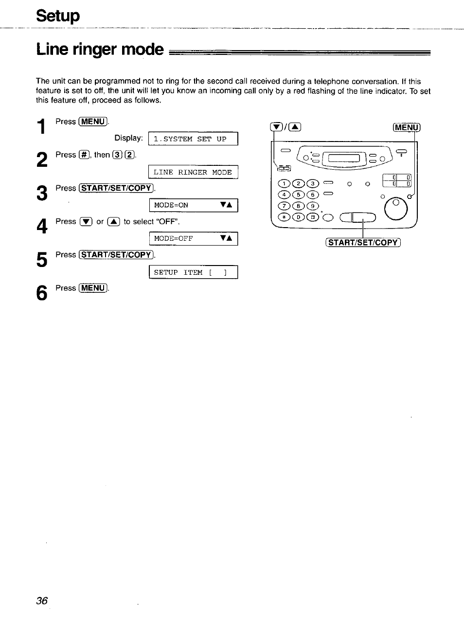 Line ringer mode, Setup line ringer mode, O c id w | Panasonic 2-LINE PLAIN PAPER FAX KX-FPW111 User Manual | Page 36 / 132
