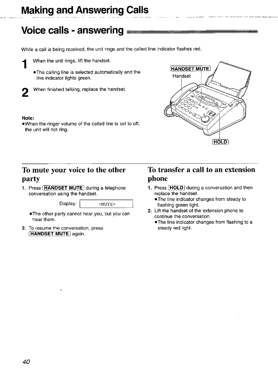 Making and answering calls voice calls - answering, To mute your voice to the other party, To transfer a call to an extension phone | Panasonic 2-LINE PLAIN PAPER FAX KX-FPW111 User Manual | Page 40 / 132