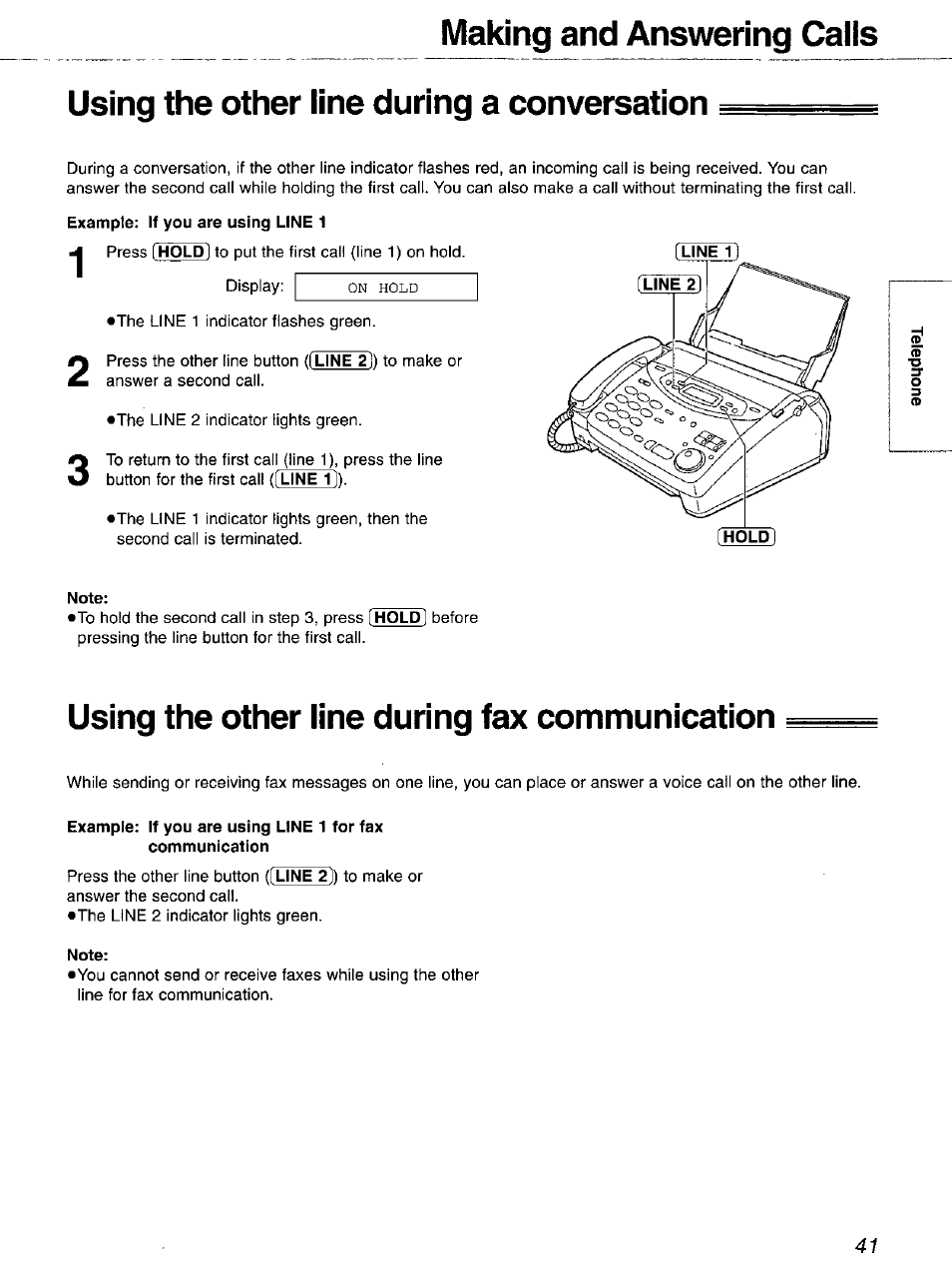 Using the other line during a conversation, Example; if you are using line 1, Note | Using the other line during fax communication, Sending a fax during a conversation | Panasonic 2-LINE PLAIN PAPER FAX KX-FPW111 User Manual | Page 41 / 132