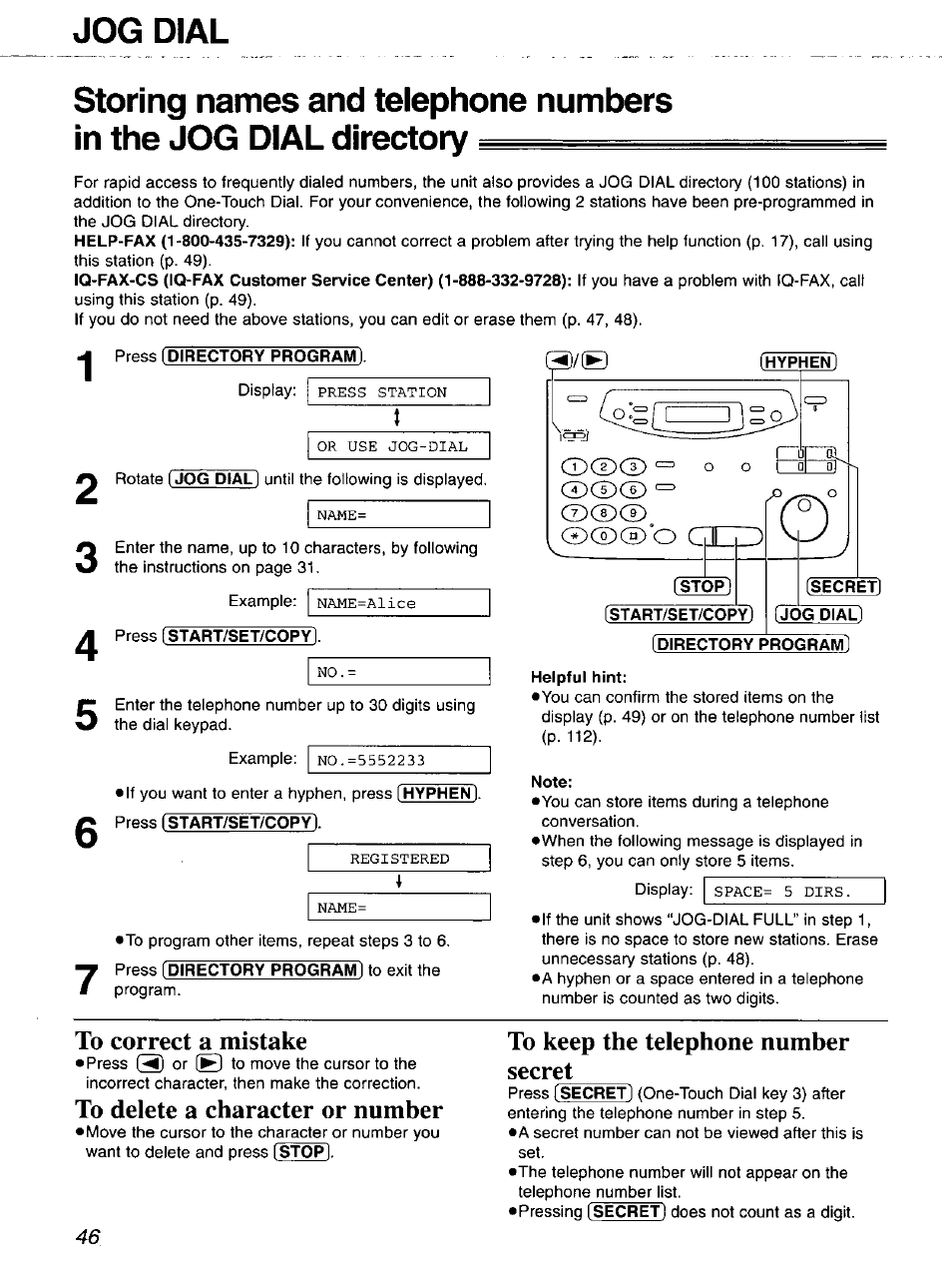 Press [directory program), Stop, Press [start/set/copyj | Start/set/copy, Secret, Jog dial, Directory prograli, Helpful hint, Note, To correct a mistake | Panasonic 2-LINE PLAIN PAPER FAX KX-FPW111 User Manual | Page 46 / 132