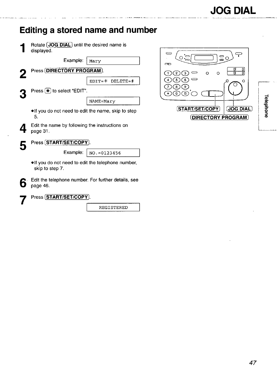 Editing a stored name and number, Press [start/set/copy, Start/set/copy | Jog dial | Panasonic 2-LINE PLAIN PAPER FAX KX-FPW111 User Manual | Page 47 / 132