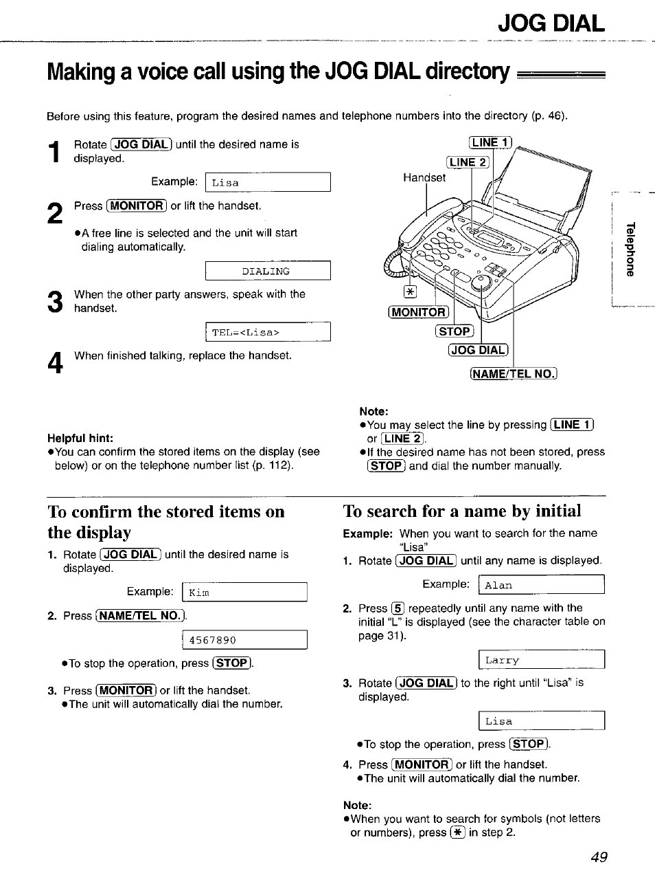 Making a voice cali using the jog dial directory, To confirm the stored items on the display, To search for a name by initial | Sending a fax using the jog dial directory | Panasonic 2-LINE PLAIN PAPER FAX KX-FPW111 User Manual | Page 49 / 132