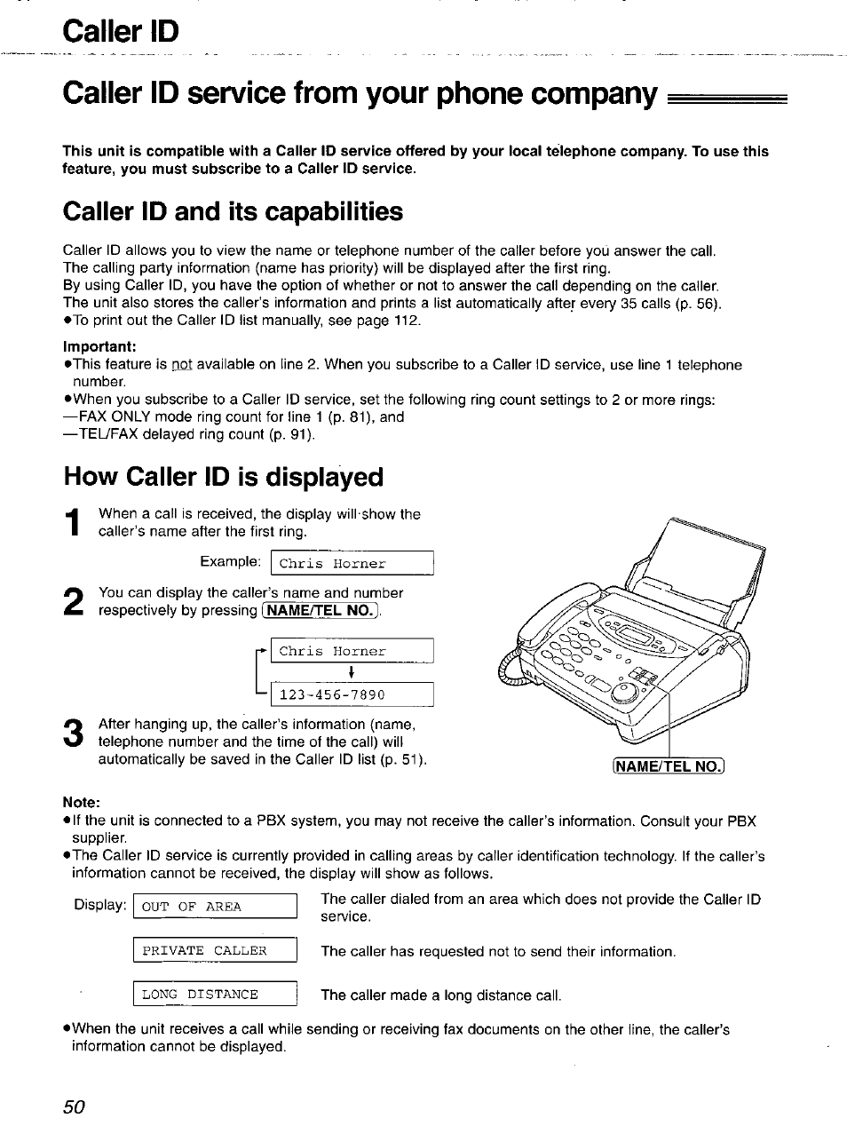 Caller id service from your phone company, Caller id and its capabilities, Important | How caller id is displayed, Note | Panasonic 2-LINE PLAIN PAPER FAX KX-FPW111 User Manual | Page 50 / 132