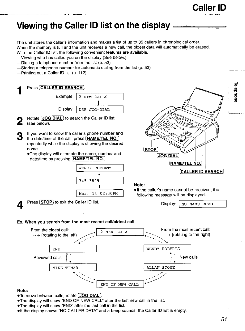 Viewing the caiier id iist on the display, Press fcaller id search, Note | Panasonic 2-LINE PLAIN PAPER FAX KX-FPW111 User Manual | Page 51 / 132