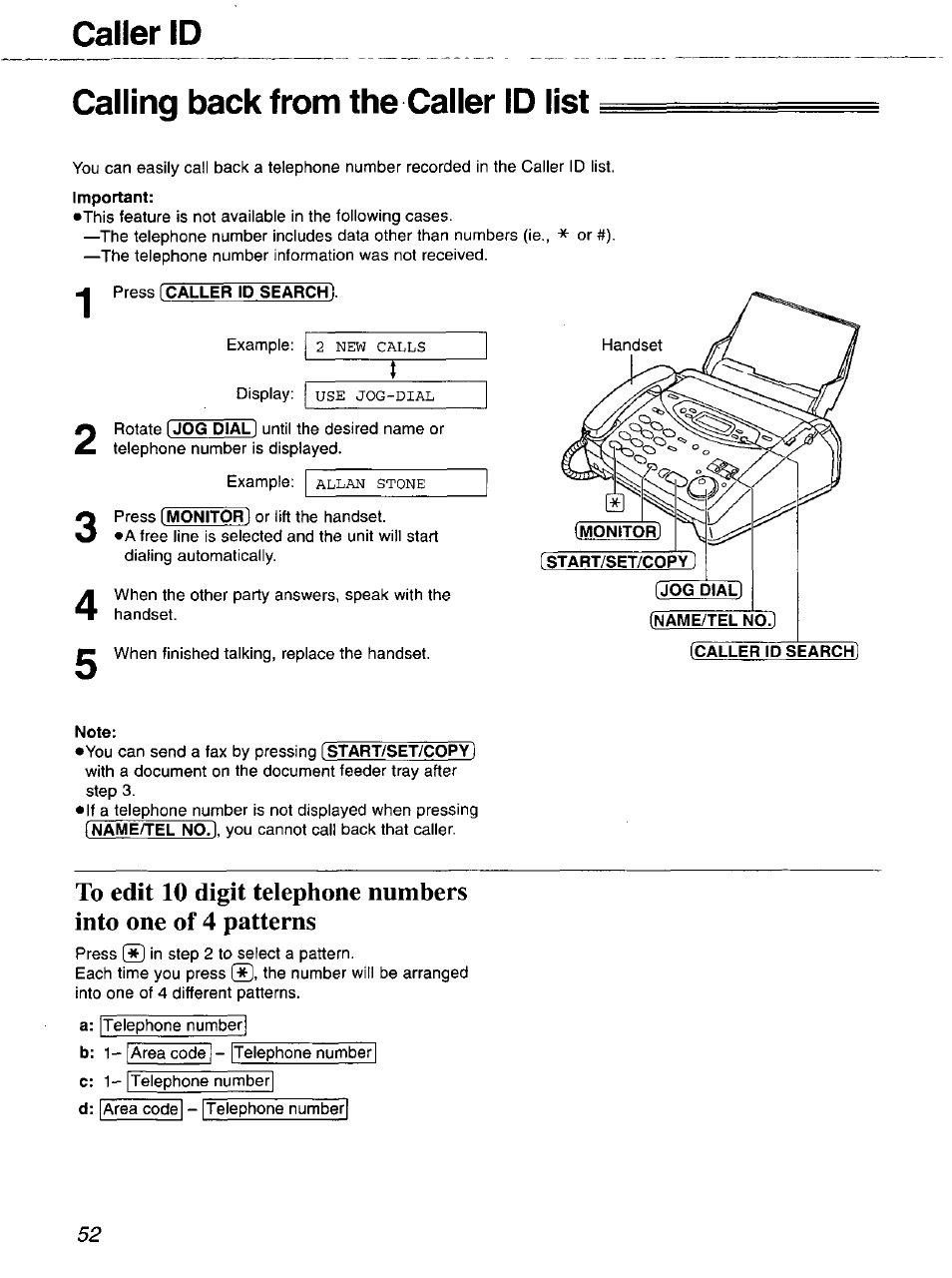 Calling back from the caller id list, Press [caller id search, Caller id calling back from the caller id list | Panasonic 2-LINE PLAIN PAPER FAX KX-FPW111 User Manual | Page 52 / 132
