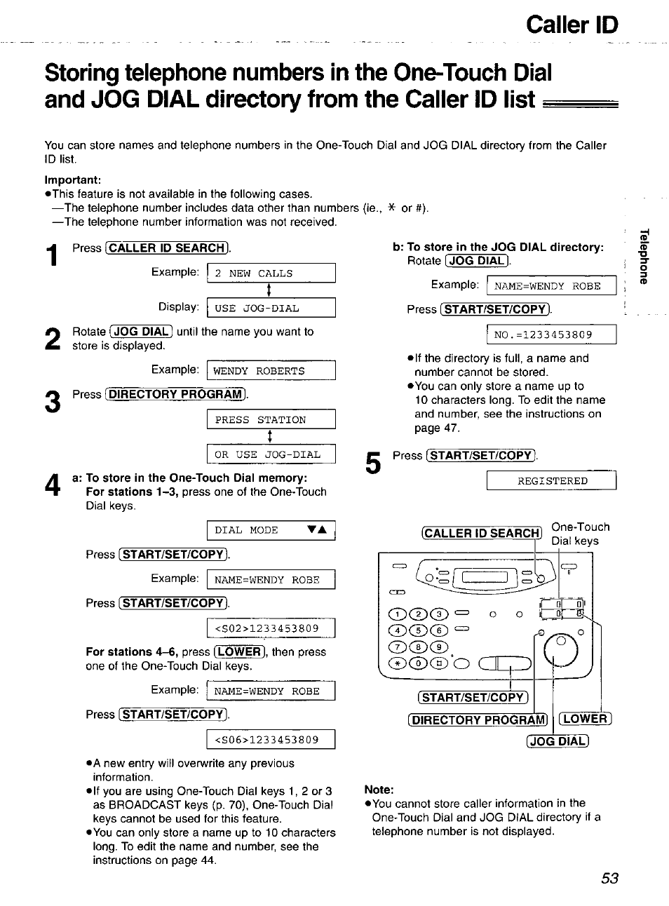 Important, Press f^ller id search, Press (directory program | A: to store in the one-touch dial memory, Press [start/set/copy, Press [start/set/copy), Press [ start/set/copy 1, Start/set/copy, Directory program, Jog dial | Panasonic 2-LINE PLAIN PAPER FAX KX-FPW111 User Manual | Page 53 / 132
