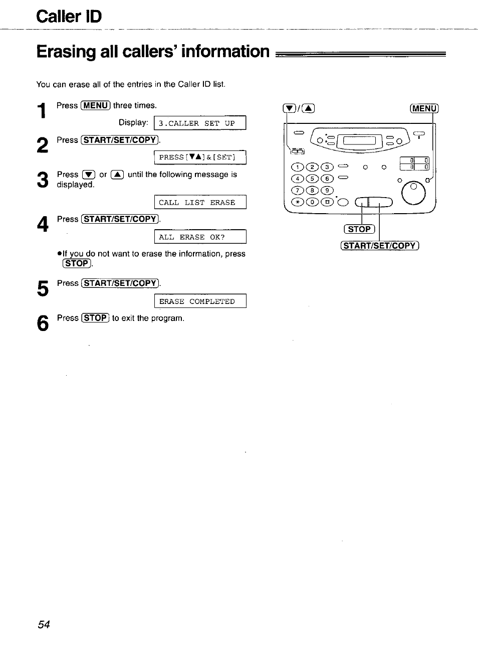 Erasing all callers’ information, Menu, Stop | Start/set/copy, Caller id erasing all callers’ information | Panasonic 2-LINE PLAIN PAPER FAX KX-FPW111 User Manual | Page 54 / 132