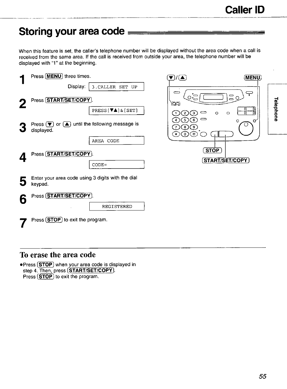 Storing your area code, Menu), Stop) | Start/set/copy), To erase the area code, Caller id storing your area code, O ciud w | Panasonic 2-LINE PLAIN PAPER FAX KX-FPW111 User Manual | Page 55 / 132