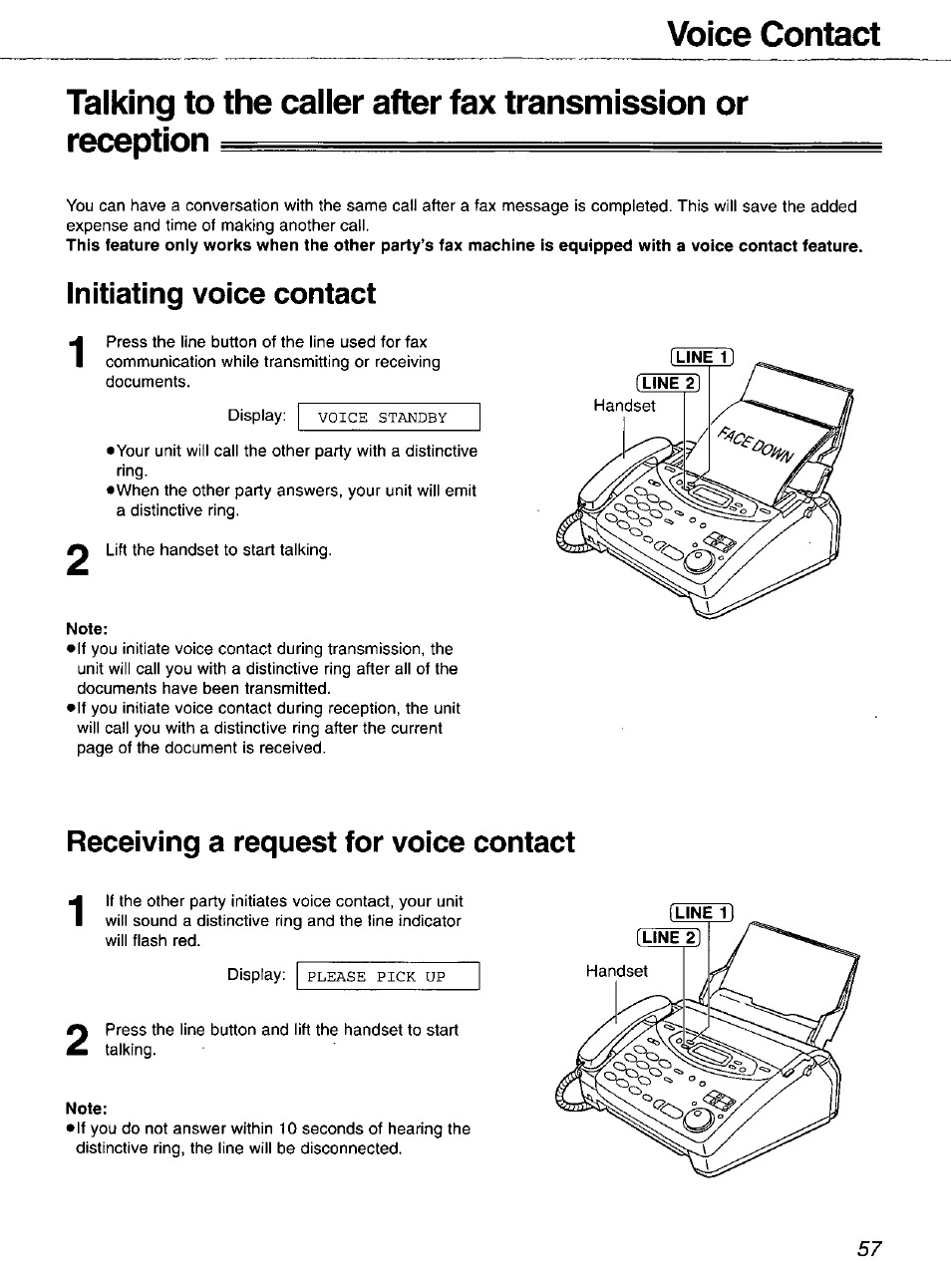 Voice contact, Initiating voice contact, Note | Receiving a request for voice contact | Panasonic 2-LINE PLAIN PAPER FAX KX-FPW111 User Manual | Page 57 / 132