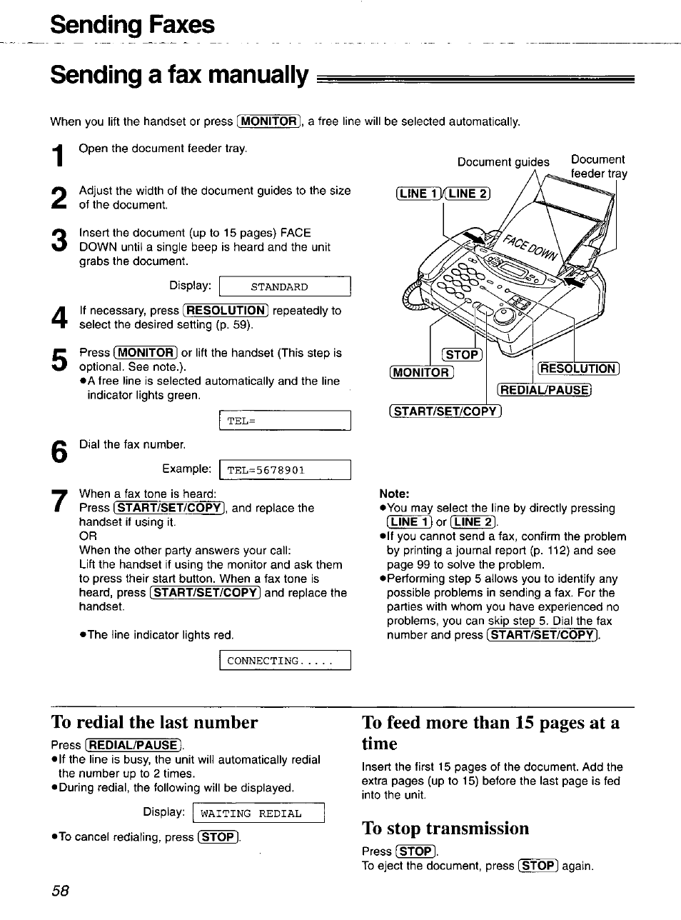 Sending faxes sending a fax manually, To redial the last number, To stop transmission | Panasonic 2-LINE PLAIN PAPER FAX KX-FPW111 User Manual | Page 58 / 132